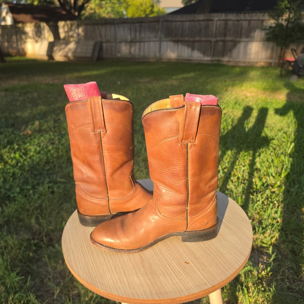 Dan Post Mens Tan Brown Leather Western Cowboy Roper Boots Round Toe - Picture 6 of 11